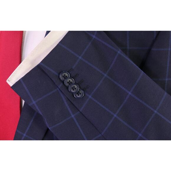 Zeke Executive Navy Blue Windowpane 2-Btn Wool Suit Portly 42S - Picture 6 of 10